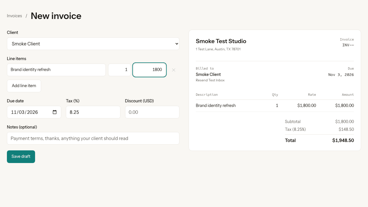 The invoice builder with the live preview beside it