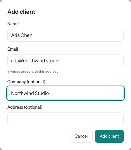 Adding a client: name, email, company